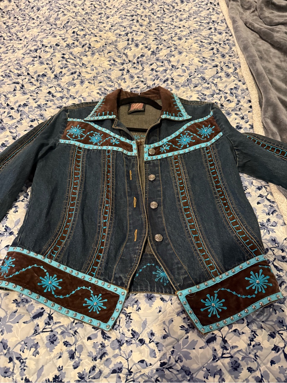 Women's Embroidered Denim Jacket with Turquoise Accents